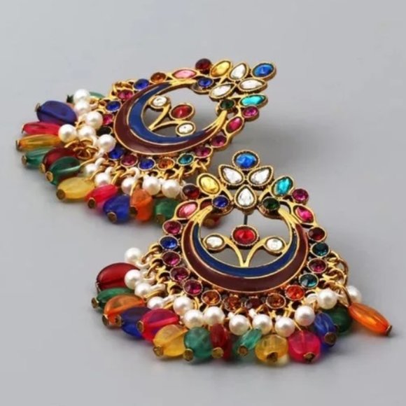 Indian Boho Multicolor Beaded Statement Earrings - Picture 1 of 3